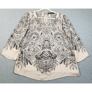Rose & Olive Blouse Womens Medium M Paisley Floral Sheer Zip Back 3/4 Sleeve Top